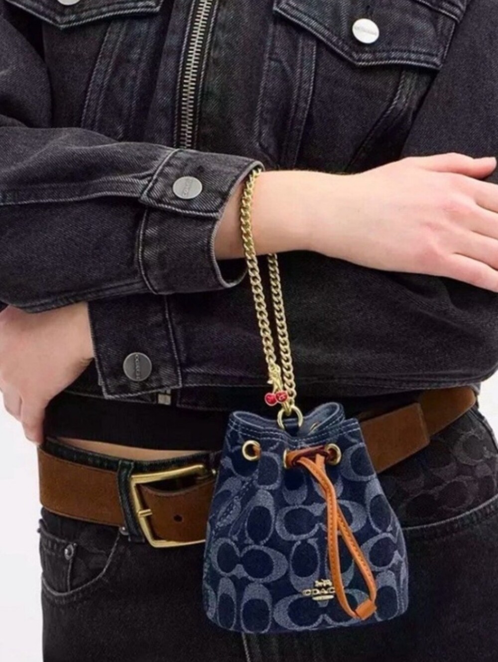 Coach Denim Signature Drawstring Wristlet With A Cherry Charm